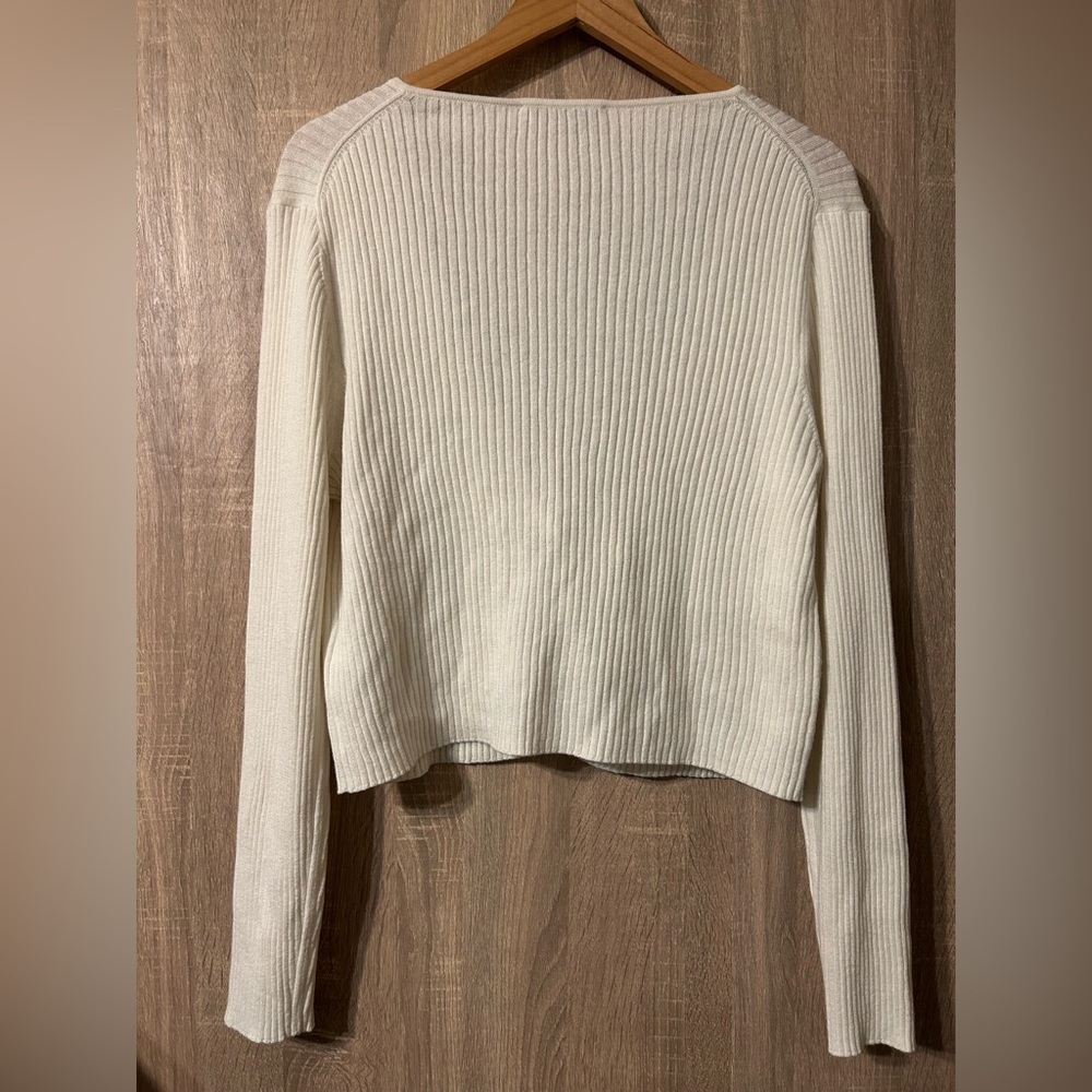 Everlane Cream Double Tie-Front Ribbed Cardigan Size XL Wool Cotton - Picture 2 of 7